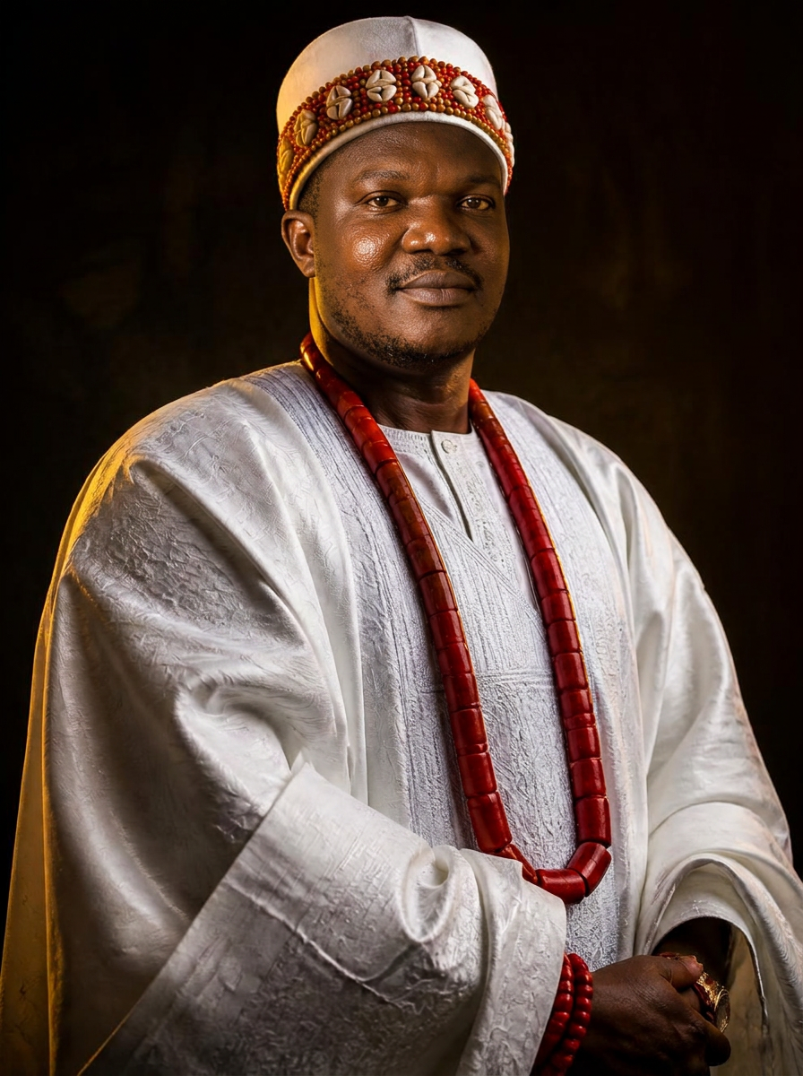 Babalawo Akin Alapo in white ceremonial agbada with coral beads