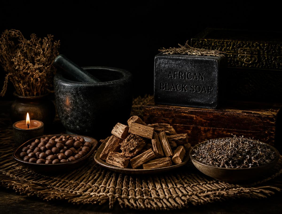 Dried herbs, bark and black soap with a mortar and pestle