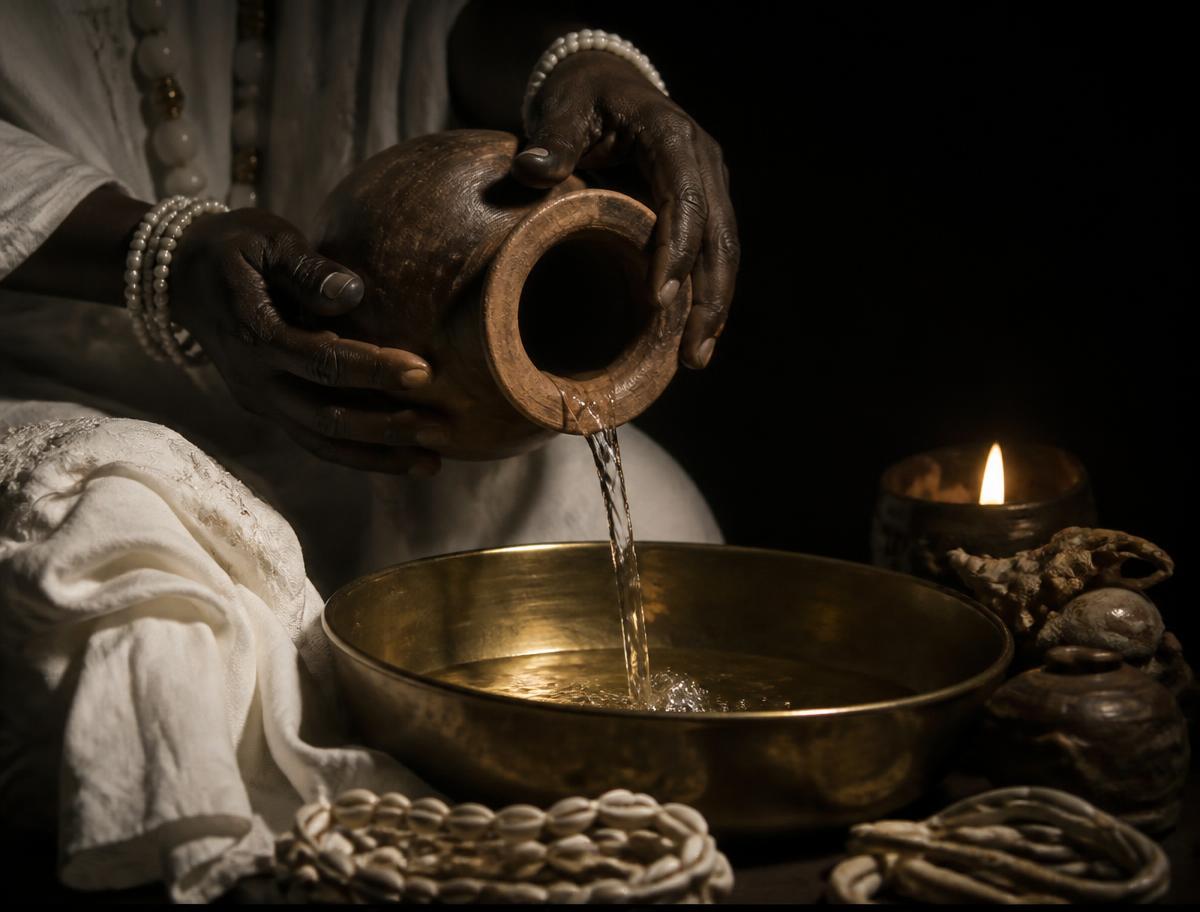 Water poured from a clay pot into a brass bowl during a cleansing rite