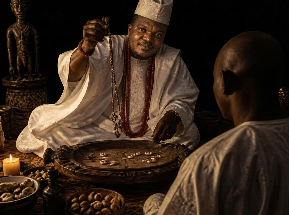 Babalawo Alatise Akin Alapo casting the Opele chain over the Ifá tray during a consultation with a client