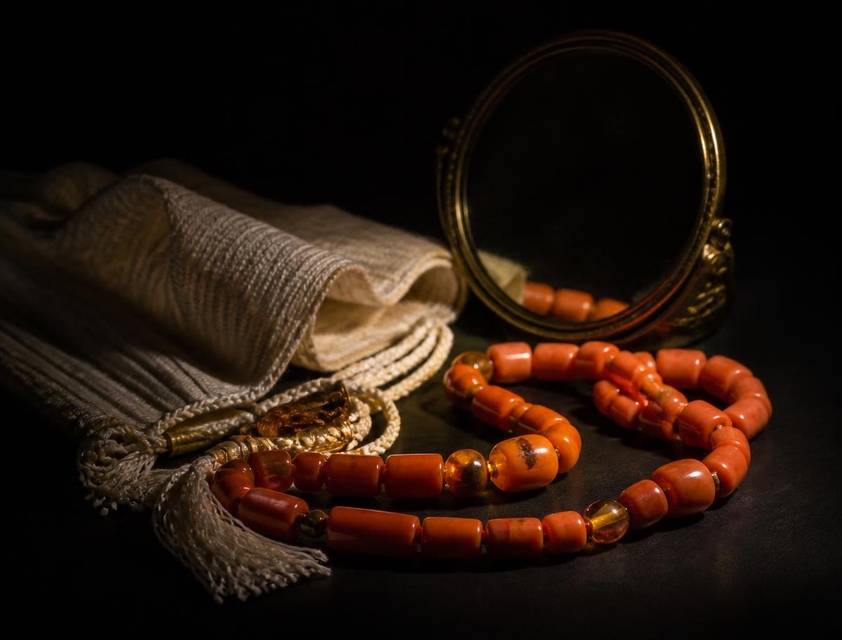 Coral and amber bead strand beside a brass mirror