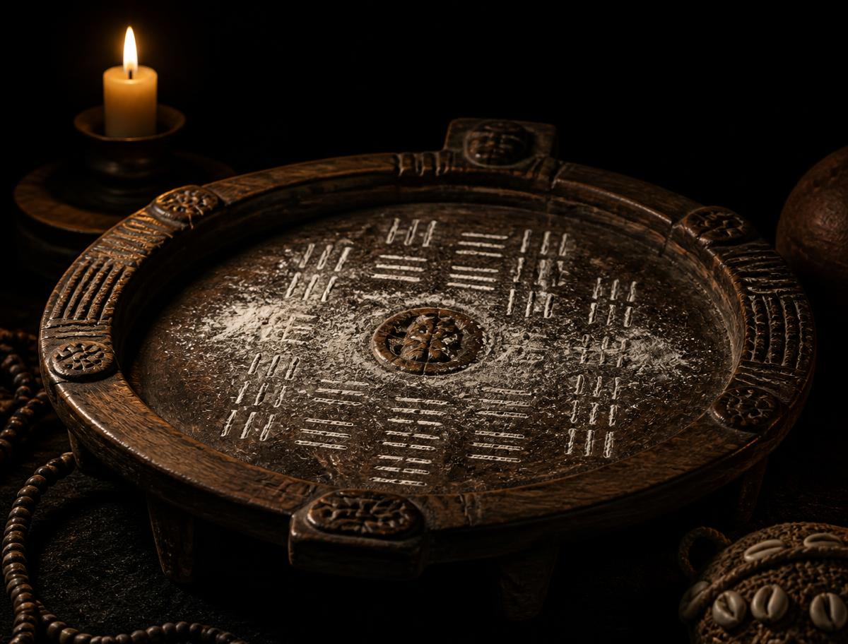 Carved Ifá divination tray marked with white iyerosun powder